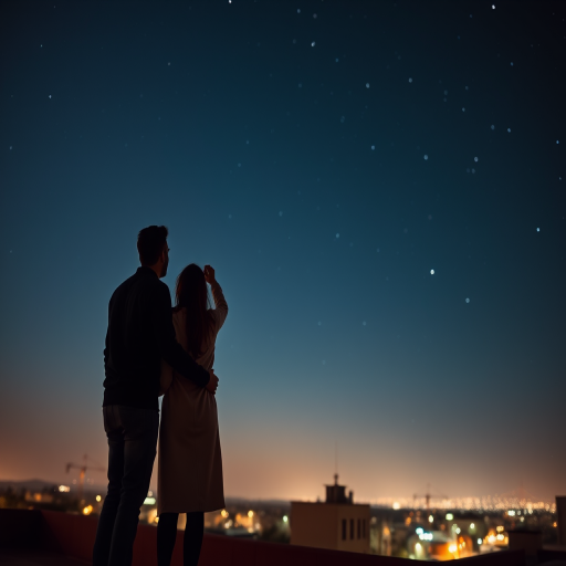 Warm, intimate image of a couple stargazing on a rooftop, soft glow from nearby city lights casting a warm hue, distant constellations visible in the clear night sky.