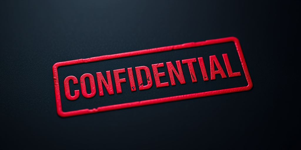 Create a high-resolution image of a red confidential stamp on a black background, using a DSLR camera with a 50mm lens, aperture set to f/2.8, ISO 100, and a soft focus vignette effect for depth.
