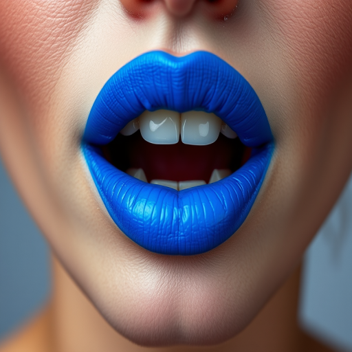 Electric blue woman lips with matte texture, pushing boundaries and expressing creativity in makeup