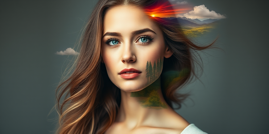 Create a surreal portrait of a woman with a landscape integrated into her hair, featuring a colorful, vibrant scene with mountains, trees, and clouds, using a 50mm lens, f/1.8 aperture, ISO 100, in natural lighting, shot from a slightly low angle to enhance depth and detail.