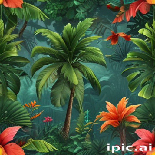 Lush Tropical Jungle Scene Filled with Vibrant Greenery and Colorful ...