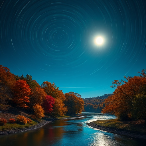 Generate a vibrant autumn landscape with swirling starry skies over a tranquil river, illuminated by a radiant moon, featuring silhouettes of diverse trees with colorful foliage, captured with a Canon EOS R5, 24mm lens, f/2.8 aperture, ISO 100, long exposure for enhanced light trails and depth.