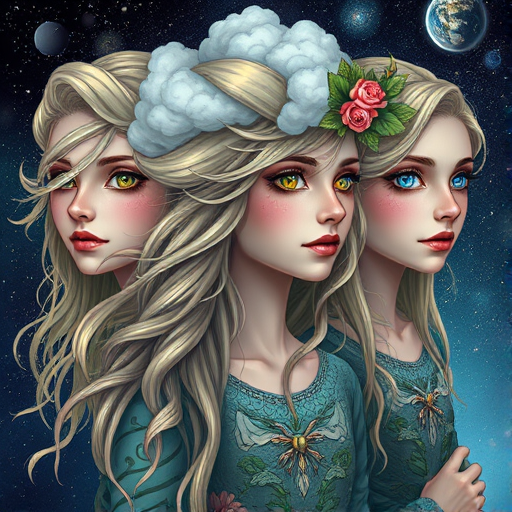 Create a series of imaginative portraits where each subject is infused with elements of fantasy and nature. The hair of the individuals should flow like clouds, varying from soft, fluffy cumulus to wispy cirrus strands, with hints of color reflecting a sunset or a clear blue sky. The eyes should be windows to entire galaxies, with stars, nebulae, and distant planets visible within them. Clothing should be adorned with nature motifs, such as floral patterns that bloom and change, vines that seem to grow and wrap around, or feathers that shimmer with iridescence. Each portrait should capture a unique personality, blending human features with the ethereal beauty of the natural and cosmic world. The backgrounds can vary, from starry night skies to enchanted forests, adding depth and context to the magical realism of the portraits