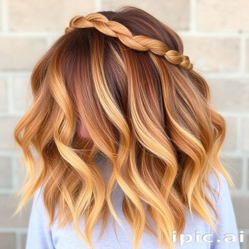 Warm copper penny hues blend into golden honey tones, styled in loose, tousled waves with a braided crown, creating the sun-drenched "Harvest Glow" look