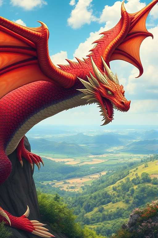 A detailed illustration of a fantasy dragon, vibrant colors, intricate scales, soaring above a lush landscape, shot with a Canon EOS R5, 85mm lens, f/1.8 aperture, 1/500 sec shutter speed, in natural lighting for enhanced detail and depth.