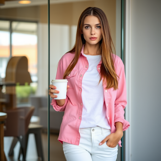 A young woman with long brown hair stands with her back against a glass door, wearing a pink button-down shirt over a white T-shirt and white pants, holding a cup of coffee in her right hand. The woman is looking directly at the viewer, her expression is neutral. Her right hand is tucked into the pocket of her pants while her left hand holds the coffee cup. The lighting is soft and natural, highlighting her features. The background is blurred, with the focus on the woman. The photo is taken from a slightly elevated perspective, showcasing the woman's full figure.