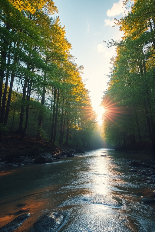 Create an image of a serene, sunlit forest scene with a clear, gently flowing river. Tall trees with lush green foliage line both sides of the river, their leaves bathed in the warm golden light of the setting or rising sun. The sunlight filters through the trees, casting soft, dappled light on the river, which flows over smooth rocks and pebbles, creating a peaceful, natural atmosphere. The sky is bright with a few scattered clouds, and the overall mood is tranquil, evoking a deep sense of connection with nature. The image captures the beauty of a calm, pristine forest landscape at either dawn or dusk.