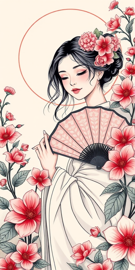Create a detailed illustration of a serene figure holding a fan, surrounded by vibrant flowers, with high contrast and intricate line work, shot with a DSLR camera at f/2.8, ISO 100, and a 50mm lens, in a soft-focus style from a three-quarter angle.