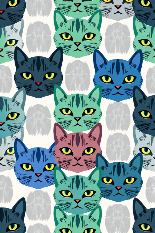 Create a seamless pattern of stylized cat faces in vibrant blue, green, and grey colors with exaggerated features, soft lighting, using a digital camera with a 50mm lens, f/1.8 aperture, ISO 200, and a top-down view for clarity and detail.