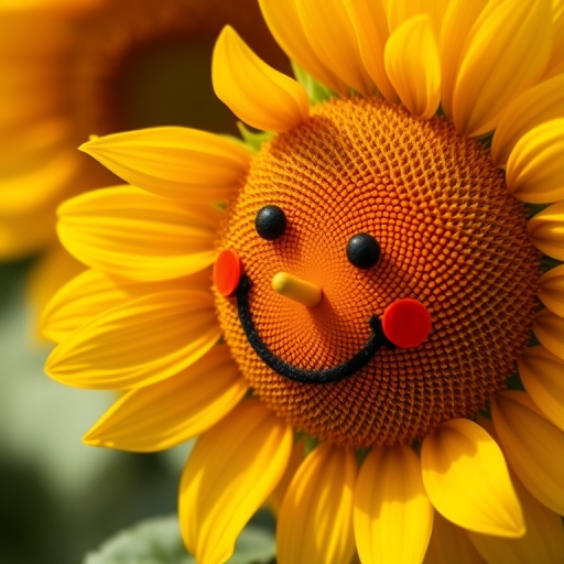 Create a cheerful sunflower with a smiling face, vibrant yellow petals, and a bright orange center, captured with a DSLR camera, 50mm lens, f/2.8 aperture, natural lighting, and a shallow depth of field for a soft background effect.