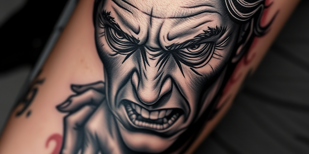 Realistic grayscale tattoo titled "Timeless Portrait" depicting a hyper-detailed human face with intense emotions, utilizing shading techniques to create depth and dimension on the skin