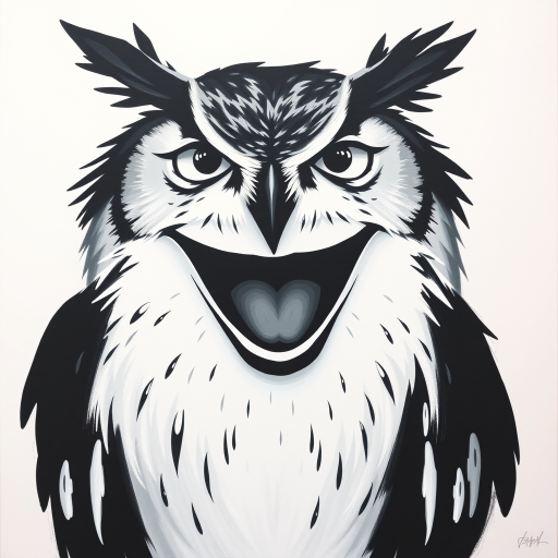 Abstract black and white acrylic portrait of an over exaggerated laughing (owl). Minimalism style. White background.
