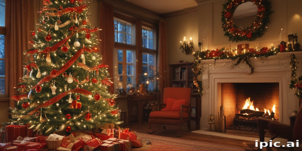 Cozy Christmas Living Room with a Beautifully Decorated Tree and Fireplace
