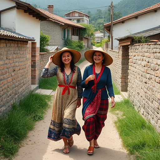 regenerate the image of two women wearing traditional hats walking joyfully down a narrow village path with rustic houses in the background, captured with a Canon EOS R5, 35mm lens, f/2.8 aperture, ISO 100, natural lighting, wide-angle view for enhanced depth and clarity