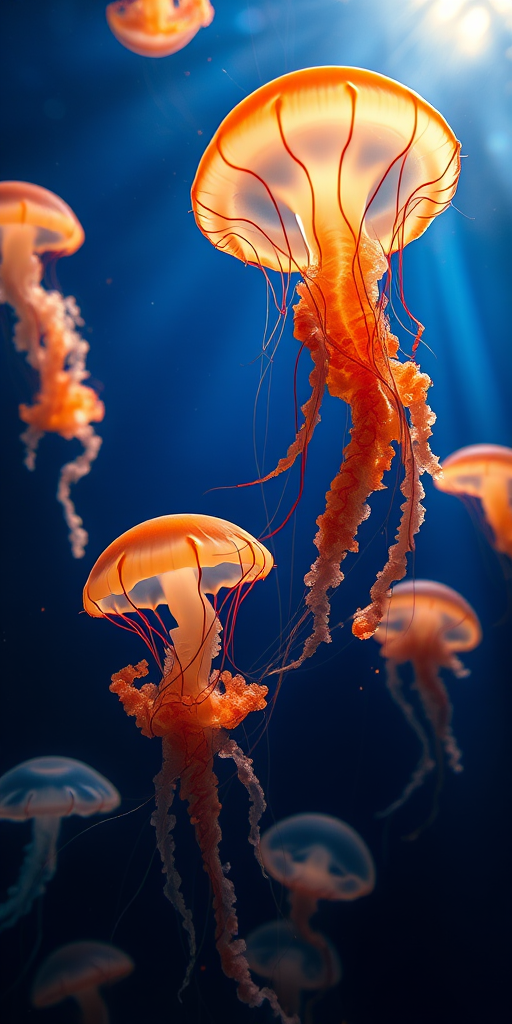 Create a vibrant underwater scene featuring glowing jellyfish, captured with a Canon EOS R5, 50mm f/1.2 lens, ISO 100, aperture f/1.2, shutter speed 1/200 sec, shallow depth of field, from a low angle view to emphasize the jellyfish floating upwards against a dark blue background with soft light beams filtering through the water.