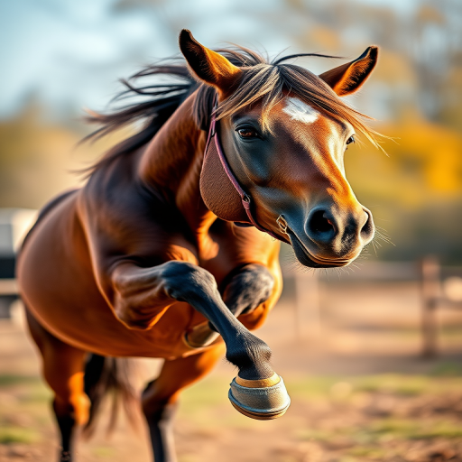 Regenerate an image of a horse in a playful position, using a Canon EOS R5, 24mm lens, f/2.8 aperture, ISO 100, shot from a low angle to capture the motion and detail, with a focus on vibrant colors and smooth bokeh in the background.