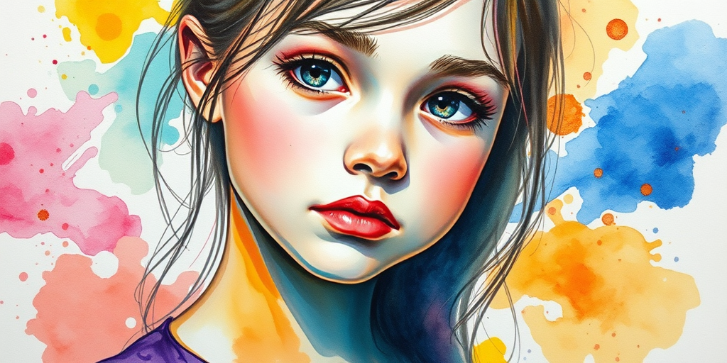 create a watercolor portrait of a girl with a contemplative expression, featuring vibrant colors and abstract splashes around her face
