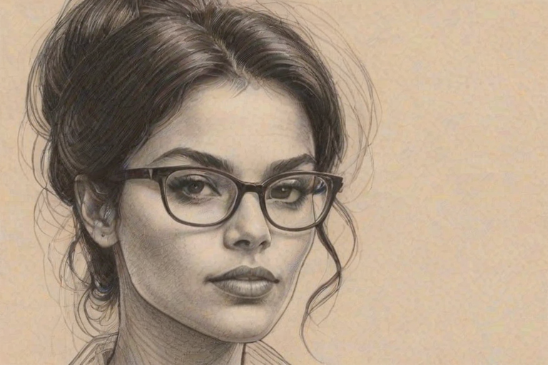 Enchanting Zuleikha Robinson, pencil sketch, portrait of Delightful woman 1972s in glasses, hair style beatnik, outline, clear lines, fine lines, 8k