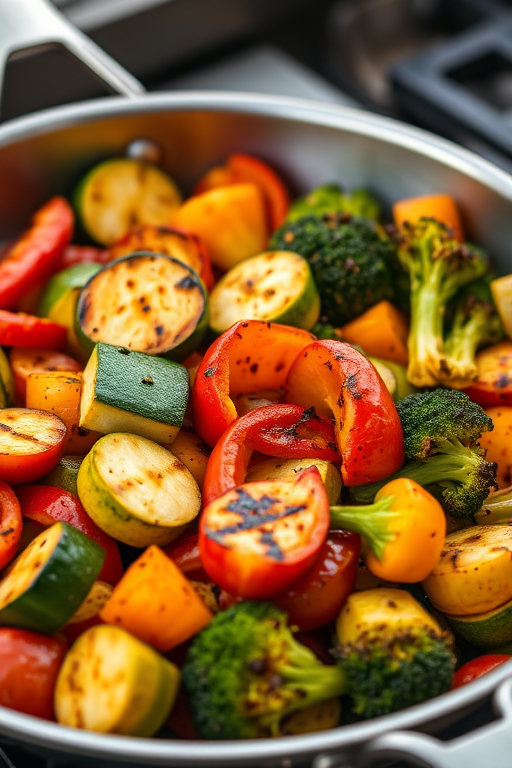 Create a vibrant image of a pan filled with colorful grilled vegetables including zucchini, bell peppers, and broccoli, shot with a DSLR camera at f/2.8 aperture, 1/200 sec shutter speed, ISO 100, with a close-up angle and natural lighting for enhanced depth and detail.