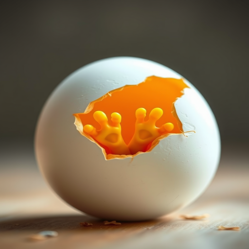 A cartoon-style egg with a cracked surface and small yellow chick feet emerging, bright colors, soft focus, 50mm lens, f/2.8 aperture, natural daylight, high resolution.