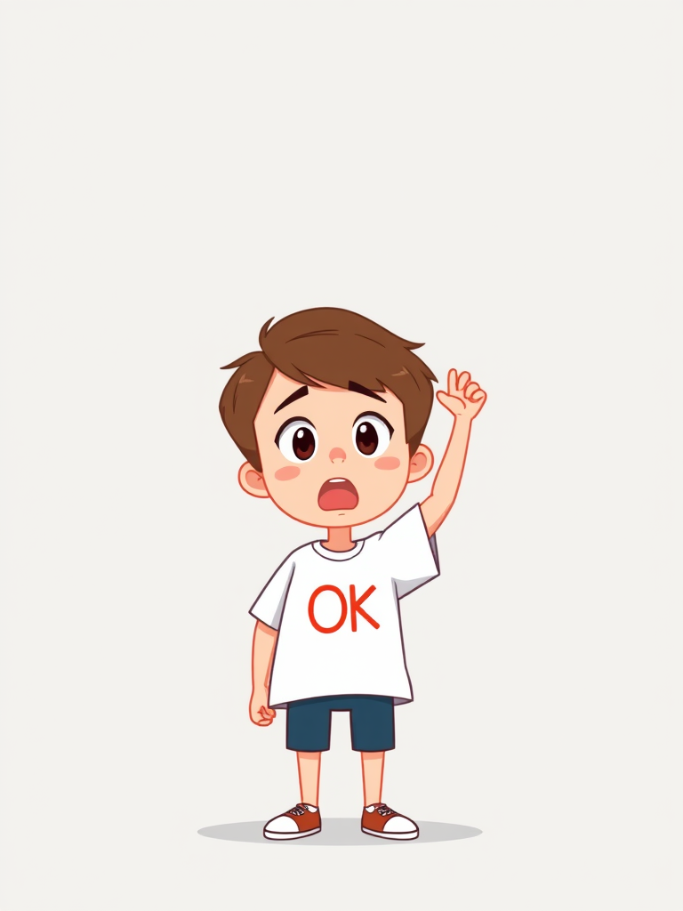 Create a digital illustration of a cartoon character with short brown hair and a surprised expression, wearing a white T-shirt with "OK" written in red, raising one hand, in a minimalist style, with a clean light gray background, using a flat design approach, shot in high resolution with a 50mm lens at f/2.8, natural light, and a soft focus effect for a modern look.