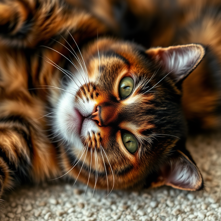 a playful tortoiseshell cat lying on its side, detailed fur texture, vivid colors, shot with a DSLR camera at f/2.8 aperture, 50mm lens, natural light, high-resolution digital art style, slightly above view for depth
