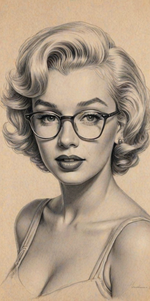 Sublime Marilyn Monroe, pencil sketch, portrait of Charming woman 1944s in glasses, hair style beatnik, outline, clear lines, fine lines, 8k