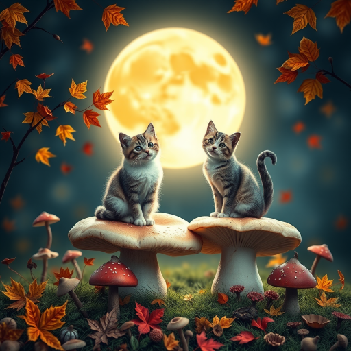 A whimsical scene featuring two cats sitting on large mushrooms under a bright moon, surrounded by autumn leaves and colorful mushrooms, captured with a DSLR camera at 50mm focal length, f/2.8 aperture, ISO 100, in a vibrant, saturated color style with a slight bokeh effect in the background.