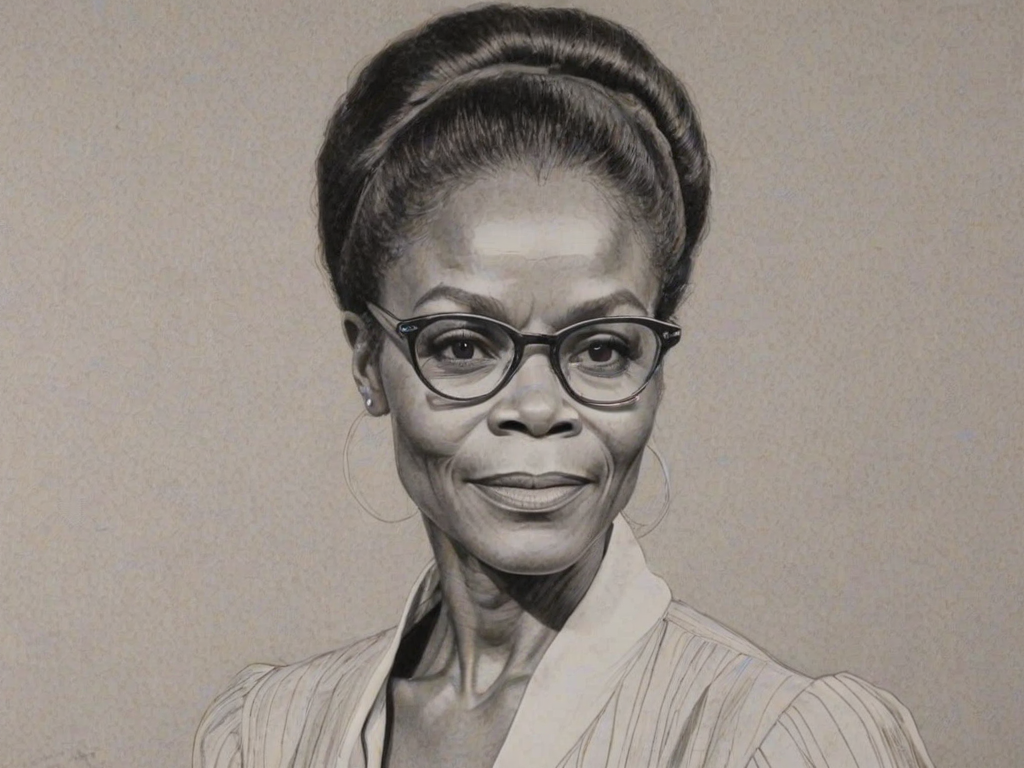 Pleasing Cicely Tyson, pencil sketch, portrait of Splendid woman 1978s in glasses, hair style beatnik, outline, clear lines, fine lines, 8k