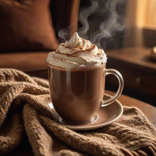 Warmly lit, close-up photo of a steaming cup of hot chocolate topped with whipped cream, soft golden light reflecting off the rich brown liquid, with a cozy blanket draped over the arm of a nearby chair.