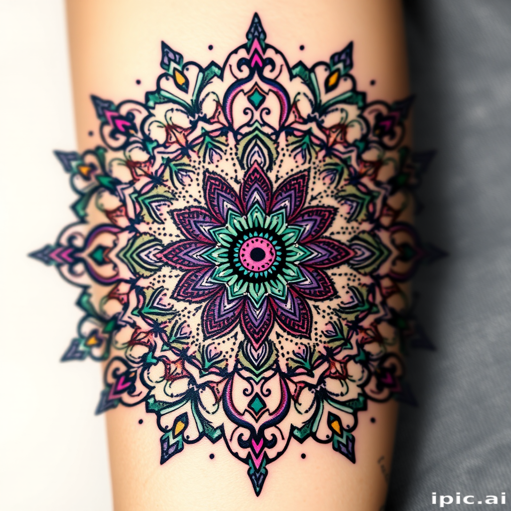 Ornate mandala tattoo bursting with intricate patterns and symmetrical designs, incorporating delicate dotwork shading and vibrant jewel tones of sapphire, emerald, and amethyst for a mesmerizing effect