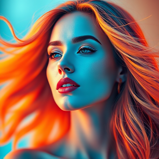 Create a vibrant vector portrait of a woman with flowing hair in bright blue and orange tones, using a shallow depth of field, 50mm lens, f/1.8 aperture, soft diffused lighting, and a slight bokeh effect in the background.