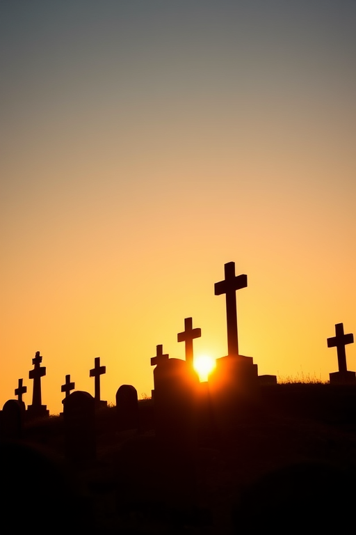 Create a high-contrast silhouette of gravestones and crosses on a hill at sunset, using a DSLR camera with a 50mm lens, aperture set to f/1.8, ISO 100, and a shallow depth of field to enhance the dramatic effect, shot from a low angle to emphasize the gravestones against the sky.