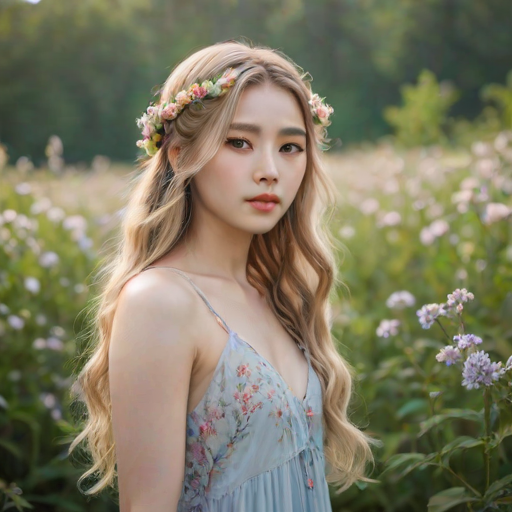 Create an image of a young Korean woman with long, wavy blonde hair, adorned with small, colorful flowers woven into her braids and loose strands. Her complexion is fair, with soft, glowing skin, and she has light blue eyes that gaze softly at the viewer. She wears a light, flowing dress with a gentle, ethereal quality, complementing her delicate and serene appearance. The background is slightly blurred, drawing focus to her tranquil expression and the intricate details of the flowers in her hair. The overall mood of the image is one of natural beauty and grace, evoking a sense of peacefulness and connection with nature.