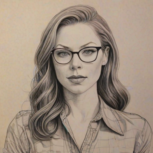 Fascinating Laura Prepon, pencil sketch, portrait of Splendid woman 1942s in glasses, hair style beatnik, outline, clear lines, fine lines, 8k