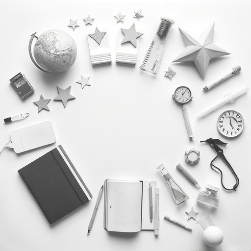 Create a flat lay composition of various educational icons such as a globe, books, stars, and laboratory equipment in a monochrome style, with a clean background, using a Canon EOS R5 camera, f/4 aperture, 1/125 shutter speed, ISO 100, shot from a bird's-eye view for sharp detail and vibrant contrast.
