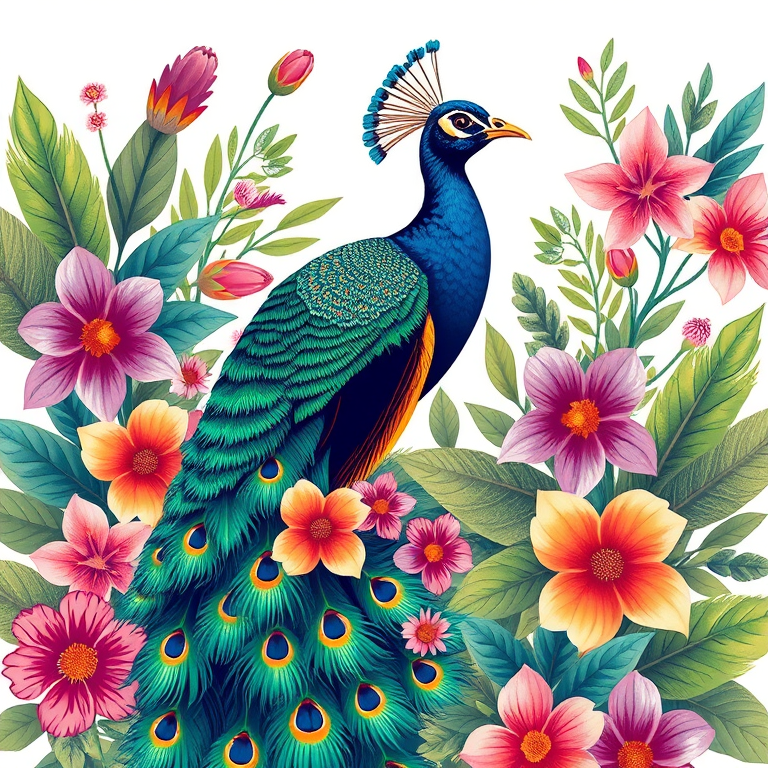 Create a vibrant illustration of a peacock surrounded by lush floral elements, using a wide-angle lens with a f/2.8 aperture, ISO 100, in a digital art style resembling high-resolution vector graphics.