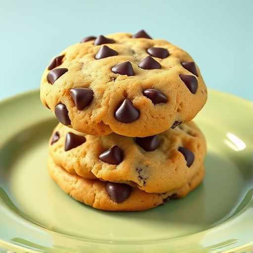Create a highly detailed and vibrant illustration of two chocolate chip cookies stacked on a light green plate, using a DSLR camera style with a 50mm lens, aperture set to f/2.8 for a shallow depth of field, ISO 100, and a soft light source to enhance textures and colors.