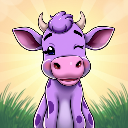 Create a cartoon-style illustration of a playful purple cow winking with a bright sunburst background, using a DSLR camera with a 50mm lens, aperture set to f/2.8, ISO 100, and a shallow depth of field for enhanced image quality.