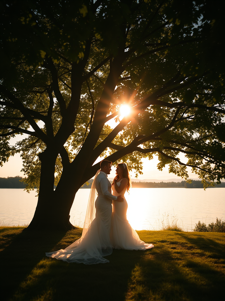 Generate a wedding couple standing under a tree near a lake during sunset, soft golden light filtering through leaves, background includes a sunny sky with clouds, use a DSLR camera, aperture f/2.8, shutter speed 1/200 sec, ISO 100, wide-angle lens.