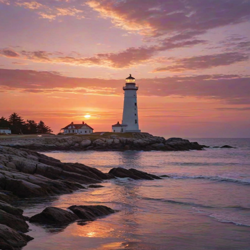 Generate an image of a tall lighthouse perched on a rocky outcrop surrounded by calm ocean waters during a breathtaking sunset. The lighthouse stands sturdy and weathered, its stone surface illuminated by the warm golden light of the setting sun. The sun's rays pass directly through the glass lantern room at the top of the lighthouse, casting a brilliant light across the scene. The sky is painted with vibrant shades of orange, pink, and purple, reflecting off the tranquil sea. The surrounding water shimmers with the same warm hues, creating a serene and majestic atmosphere.