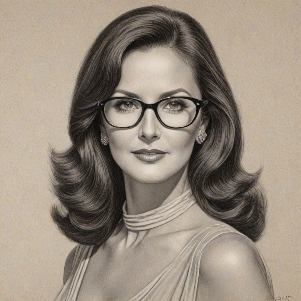 Graceful Lynda Carter, pencil sketch, portrait of Dazzling woman 1926s in glasses, hair style beatnik, outline, clear lines, fine lines, 8k
