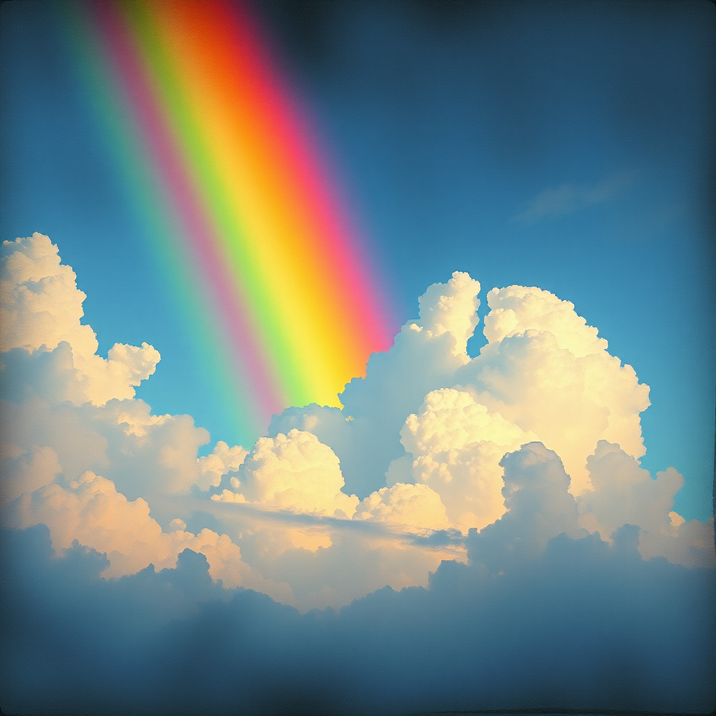 A whimsical and surreal sky with a vibrant rainbow, featuring dramatic lighting effects and a textured watercolor background, with a touch of gothic aesthetic.