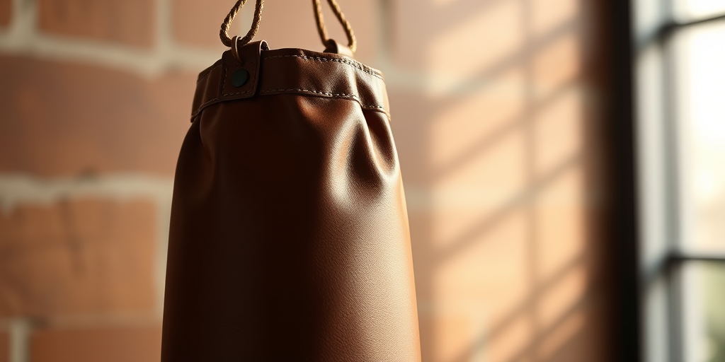 digital illustration of a brown leather punching bag hanging from a hook with visible stitching details, focus on texture and shadows, high-resolution, 50mm lens, f/2.8 aperture, soft natural lighting, DSLR camera