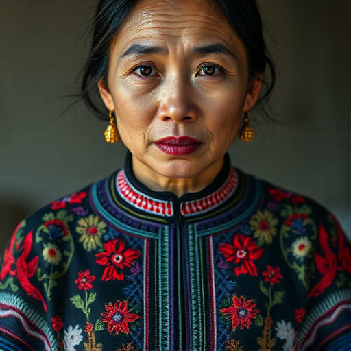 Face, shoulders, chest covered in openwork Hmong embroidery. Raw, unedited image.