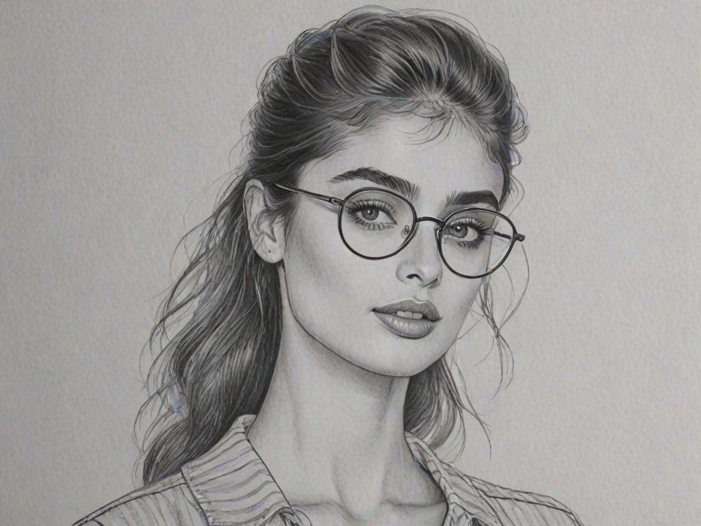 Pleasing Taylor Hill, pencil sketch, portrait of Enticing woman 1978s in glasses, hair style beatnik, outline, clear lines, fine lines, 8k