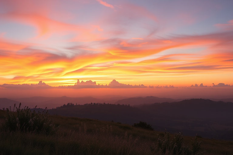 Generate a high-resolution image of a serene landscape at sunrise with vibrant colors and soft clouds, shot with a 35mm lens, aperture f/8, ISO 100, with a wide-angle view using a full-frame DSLR camera.