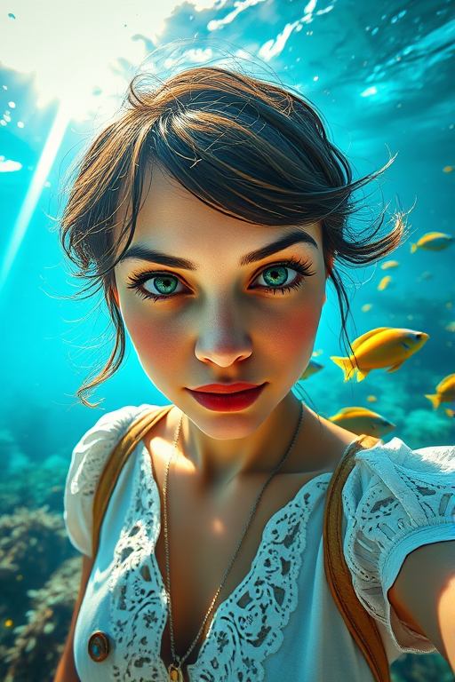 Realistic selfie image of a Turkish, wearing a vintage outfit, detailed dreamy eyes, droopy hooded eyes, staring at the camera, taken underwater at coral reef with a sunbeam filtering through the water, vibrant, summer vacation, natural lighting, turtle and school of tropical fish with vibrant colors, rendered in the style of CryEngine, Pegi Nicol MacLeod, with realistic genre scenes, hauntingly beautiful narratives, ultra-realism, and Thomas Saliot's close-up technique, 8K resolution, crystal clear and sparkling water.