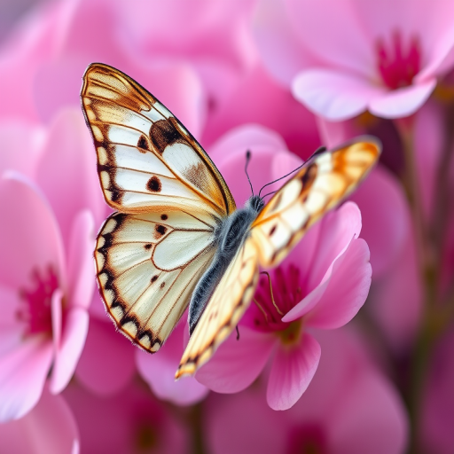 Create a high-resolution image of a delicate butterfly against a soft pink floral background, using a Canon EOS R5 camera, with an aperture of f/2.8, ISO 100, shutter speed 1/200s, in a close-up macro view with a shallow depth of field for enhanced detail and clarity.