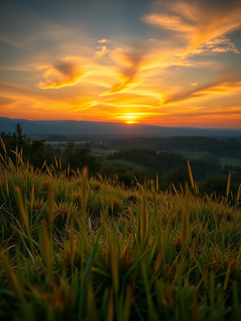 Create a high-resolution image of a serene landscape at sunset with vibrant colors, using a Canon EOS R5 camera, 24mm lens, aperture f/8, ISO 100, and HDR style, shot from a low angle view to enhance depth.
